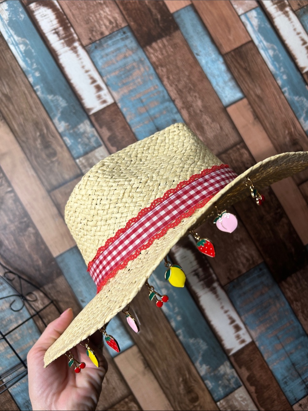 Straw Sun Hat with Red Gingham Trim and Fruit Charms